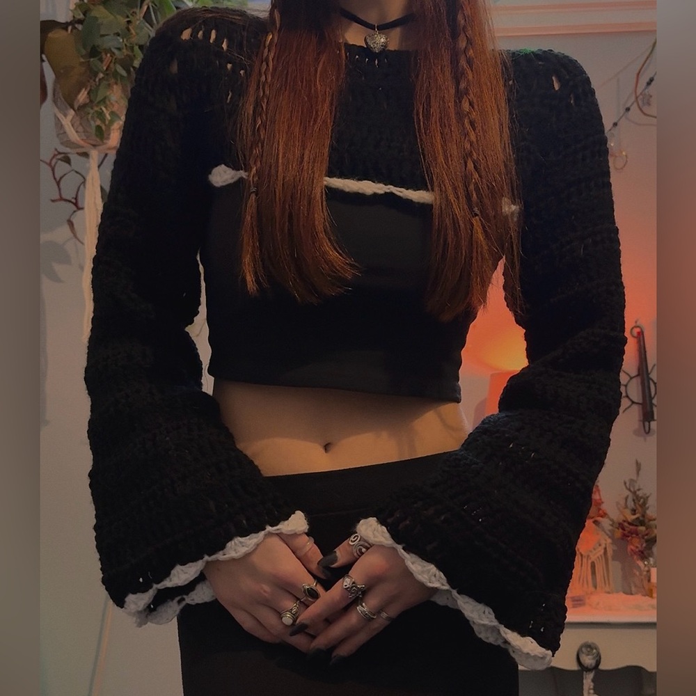 Black Crochet Bell Sleeve Shrug